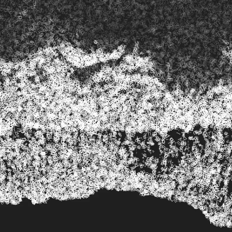 Black-and-white ocean waves composed of layered letters and symbols