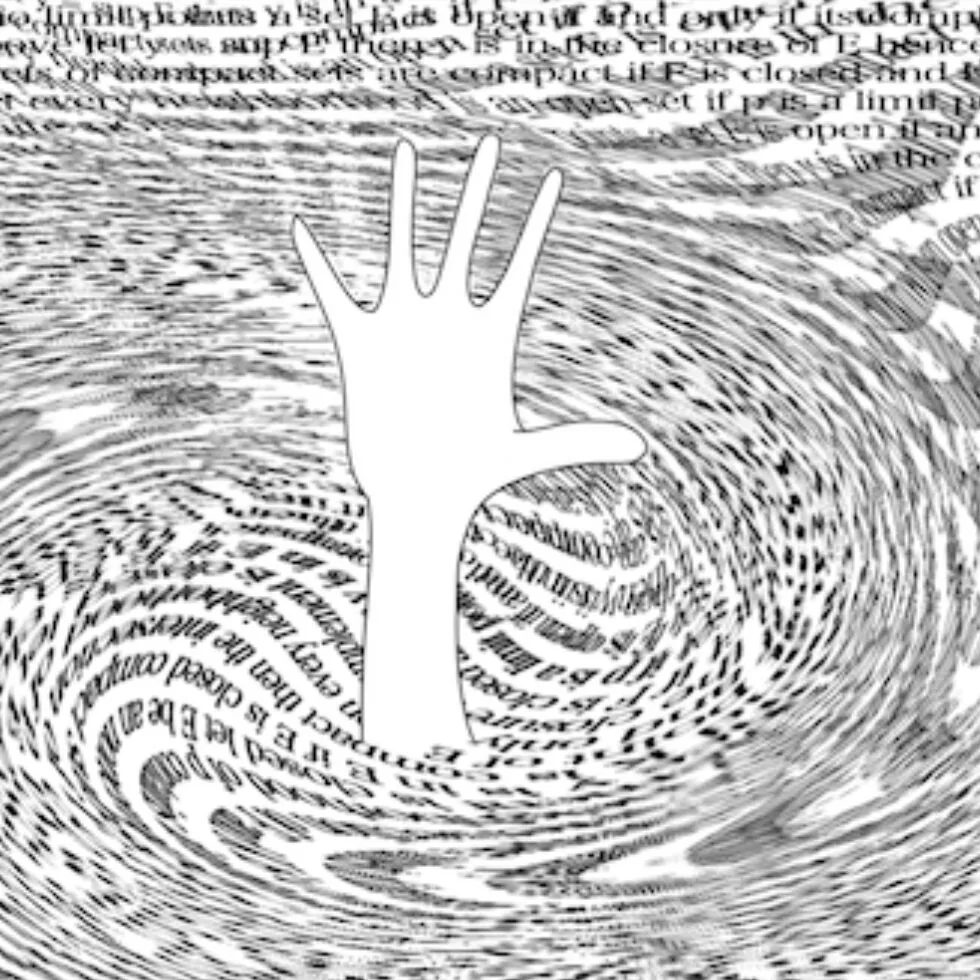 A hand reaching through a swirling field of distorted text and drawn lines