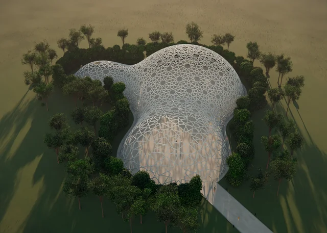 Aerial rendering of a white patterned pavilion surrounded by trees