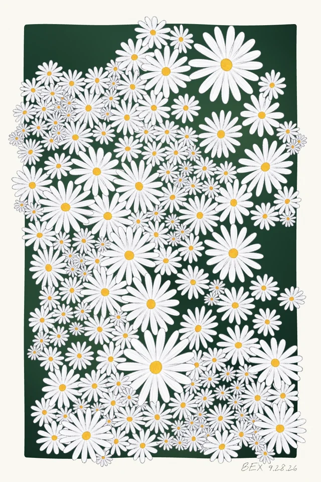 White daisies with yellow centers over a deep green field with a cream postcard border