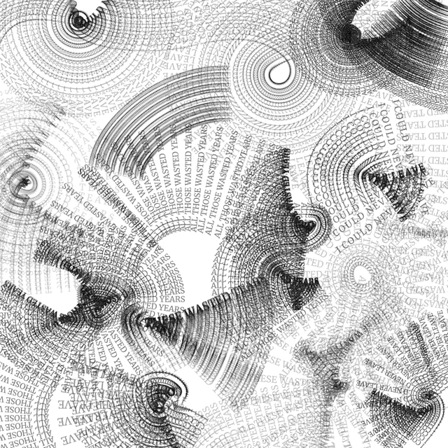 Brush-like arcs and spirals formed from overlapping words on white