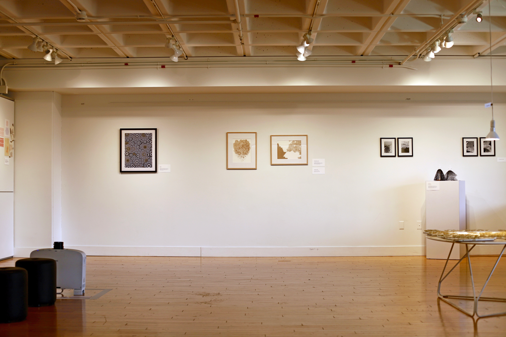 Gallery exhibition view showing back wall with artwork installations