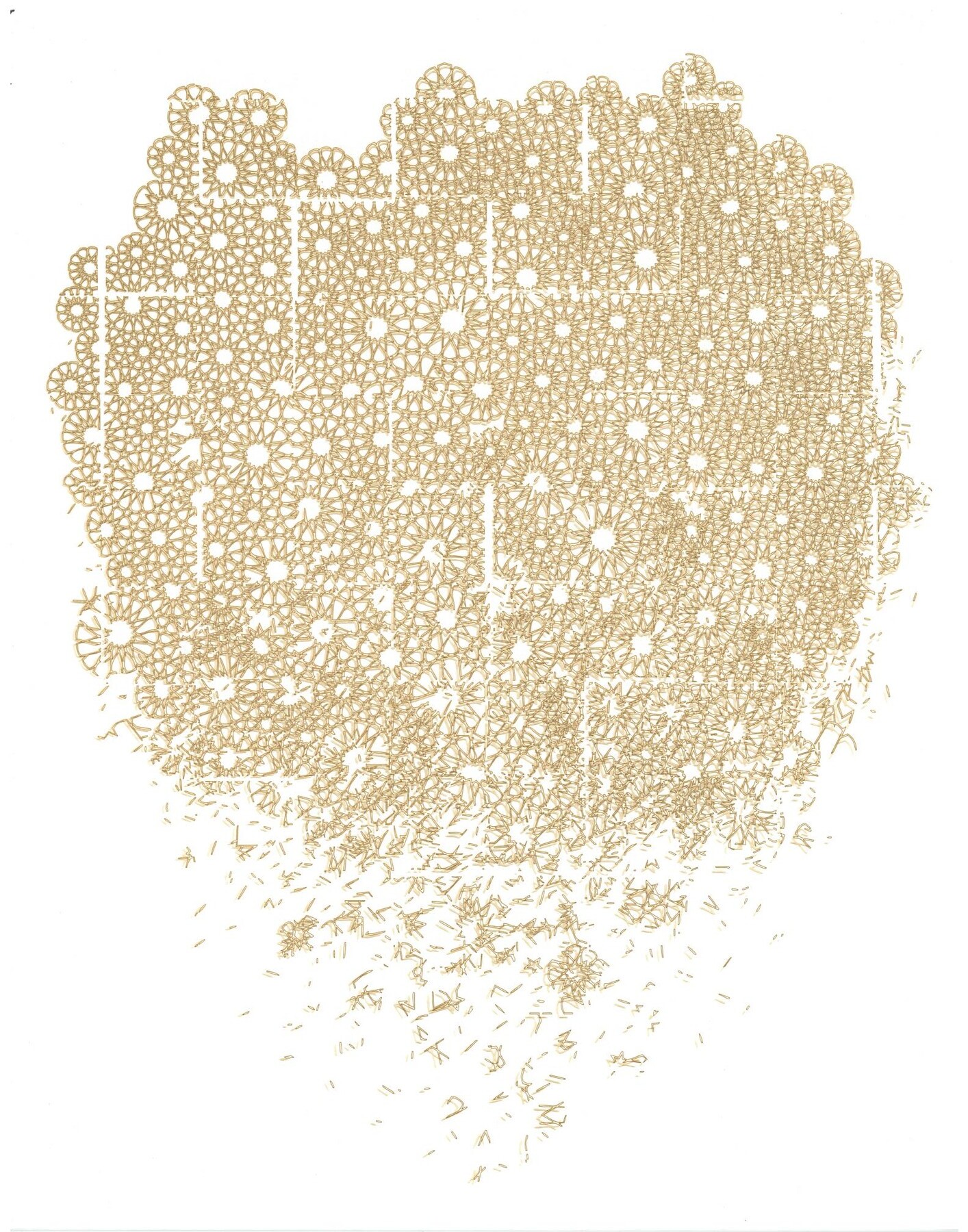 Scan of Disintegrating engraved with a filled pattern and offset outline