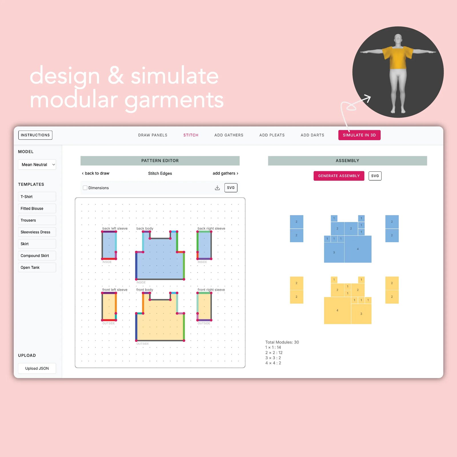 a design tool is provided to support modular garment design and simulation