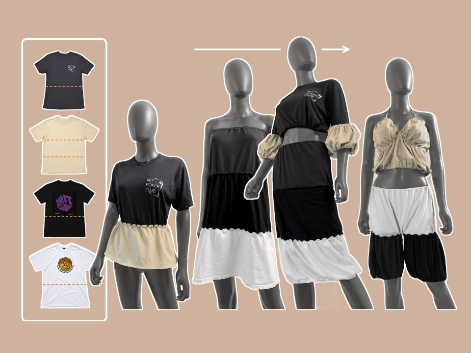 PieceWise: four source T-shirts remixed into four garments on mannequins