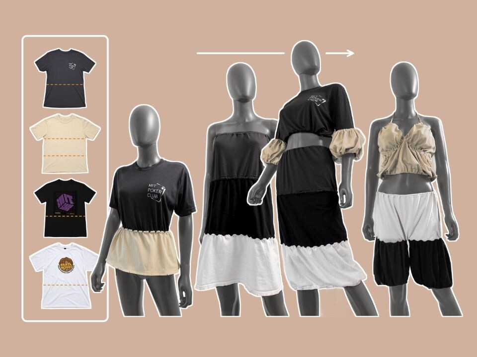 PieceWise: four source T-shirts remixed into four garments on mannequins