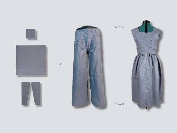 Refashion: reusable fabric modules assembled into trousers and a dress